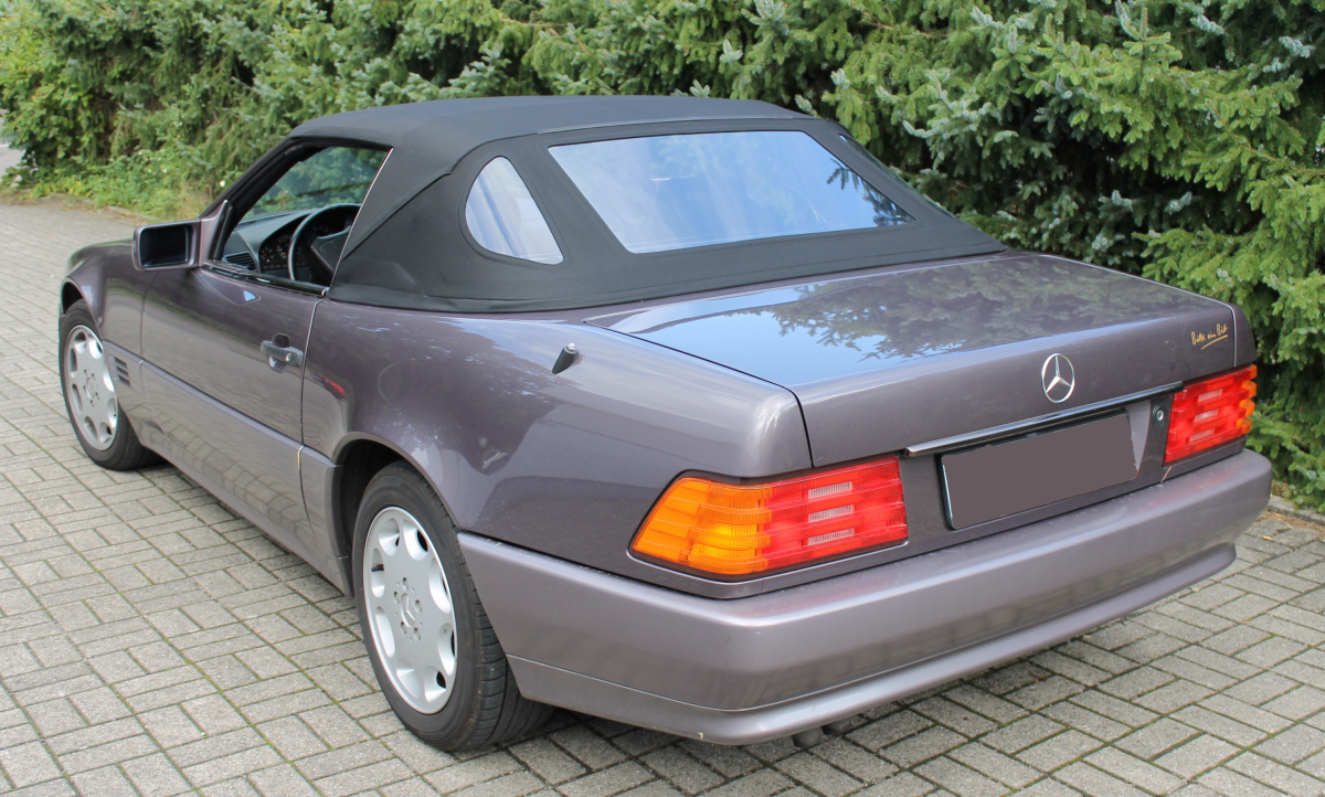 mercedes R129 cabrioVerdeck convertible, Mercedes, Rückansicht, lila-grau, Stoffverdeck, Mercedes, Roadster, Soft-top, Grey, Tail lights