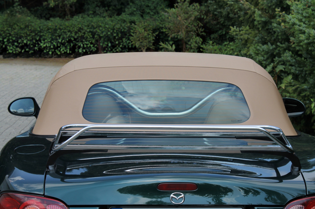 Mazda MX-5 convertible top 1-piece black with glass window Cabriodach, Schwarz-Grün, Kofferraumträger, Rückseite Auto, Mazda
